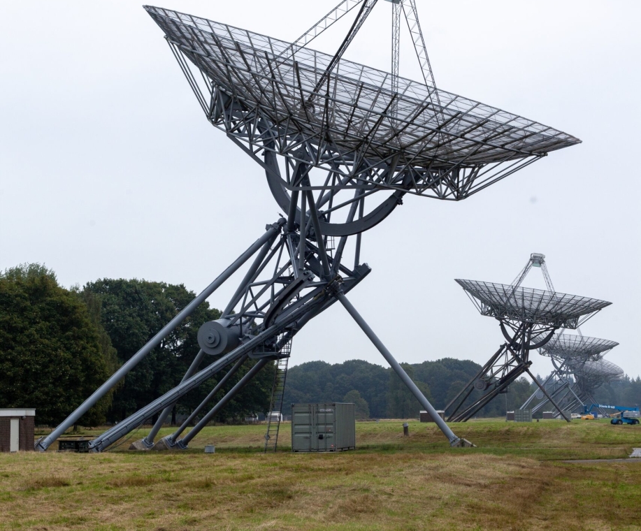 A low angle shot of a  radio telescope near Westerbork in The Netherlands